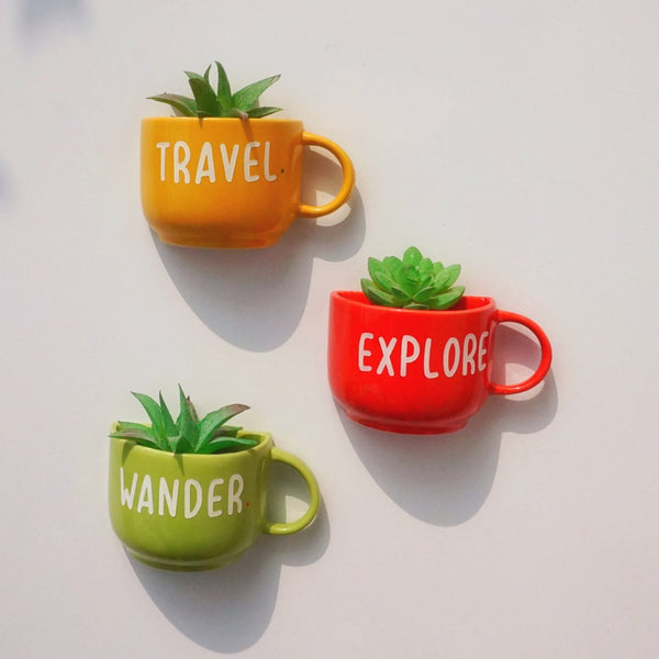 Travel Explore Wander Cup Planters - Mug Planters - Wall Planters - Garden Wall Decor - Balcony Decor - Succulent Planter - Small Ceramic Pots - Plant Lover Gifts - Buy Online India - Free Shipping